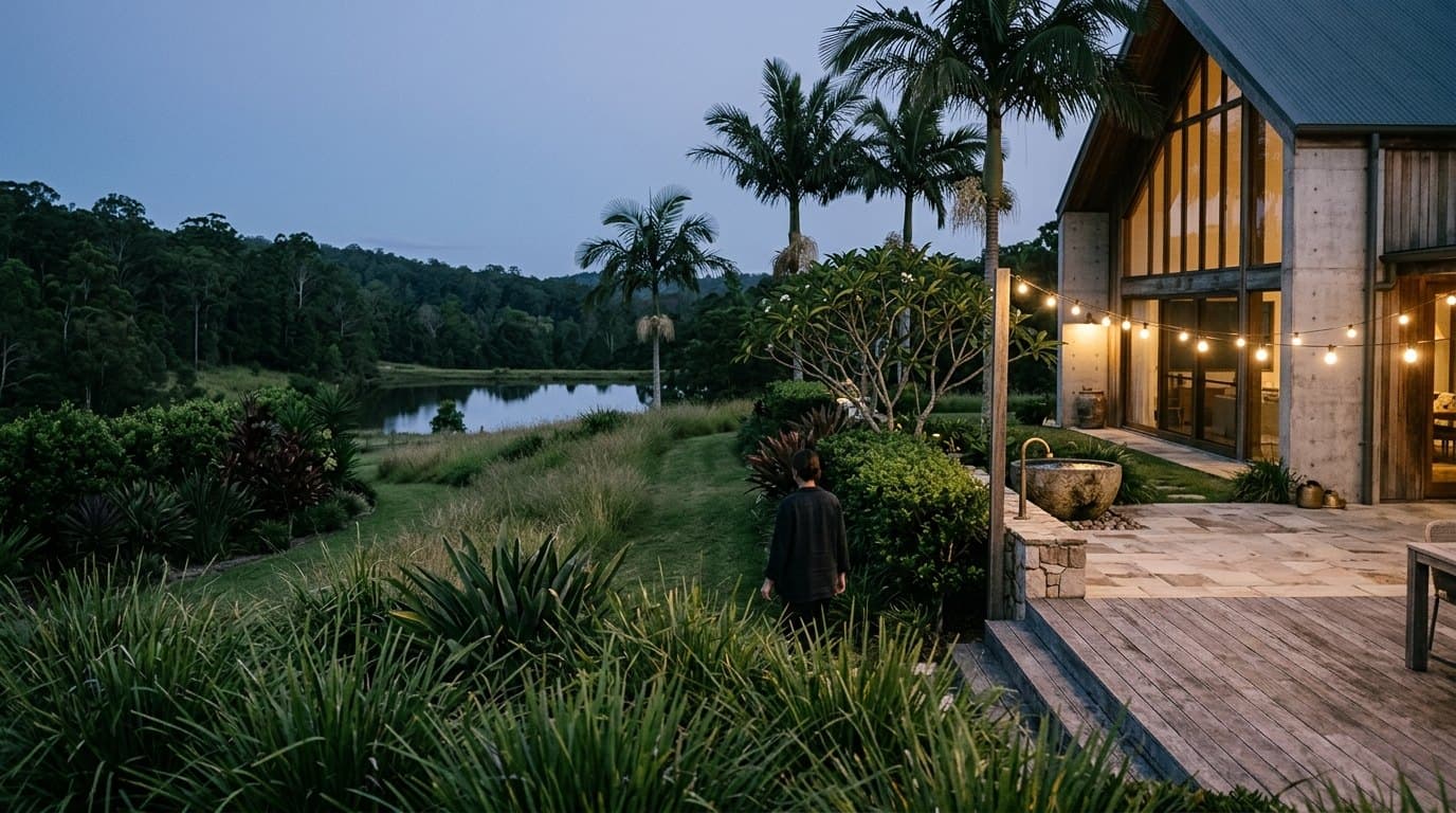 A Sunshine Coast hinterland garden at dusk