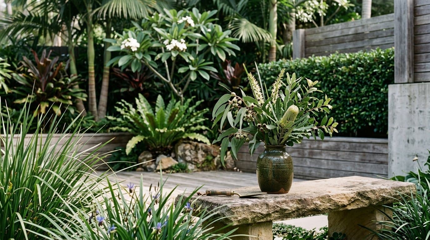 Cut native foliage in a ceramic vase on a stone garden bench