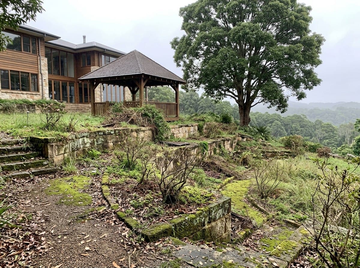 Neglected terraced garden in Montville before revival