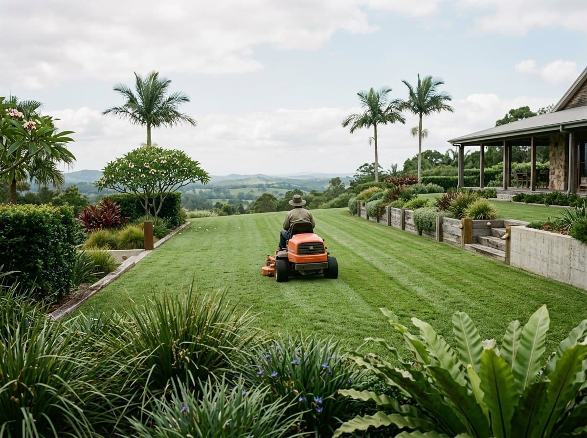Mowing a vast acreage lawn with hinterland views