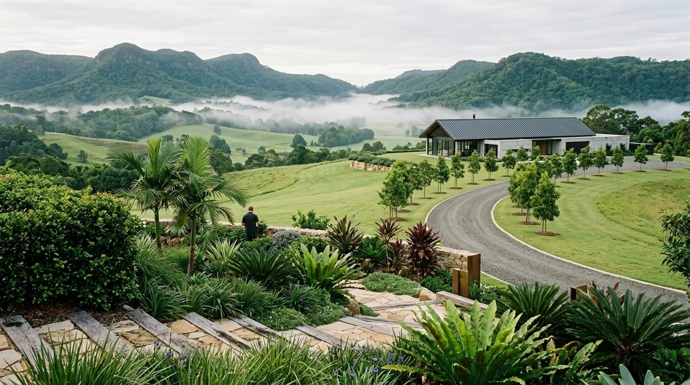 A hinterland acreage estate with long driveway and luxury farmhouse