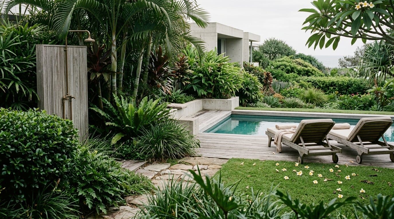 A premium coastal holiday home garden with plunge pool and tropical planting