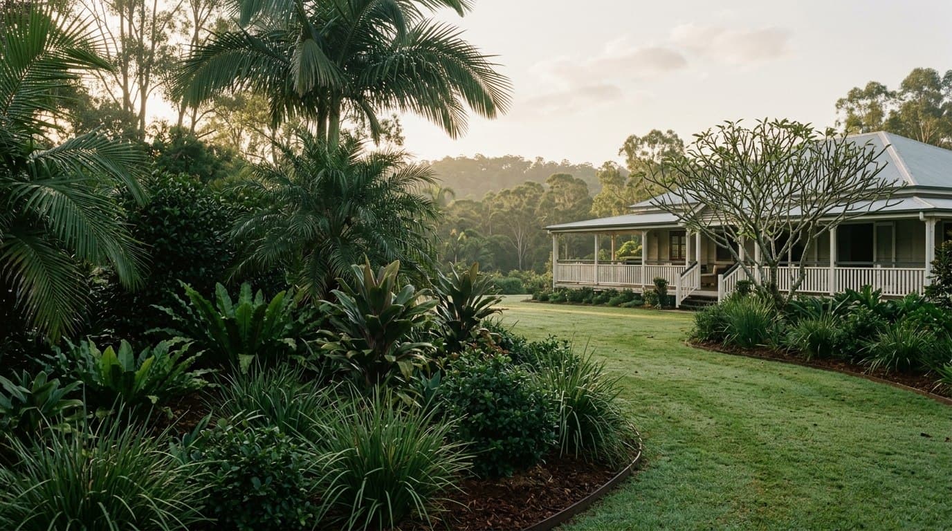 A rejuvenated layered garden sweeping toward a classic Queenslander home