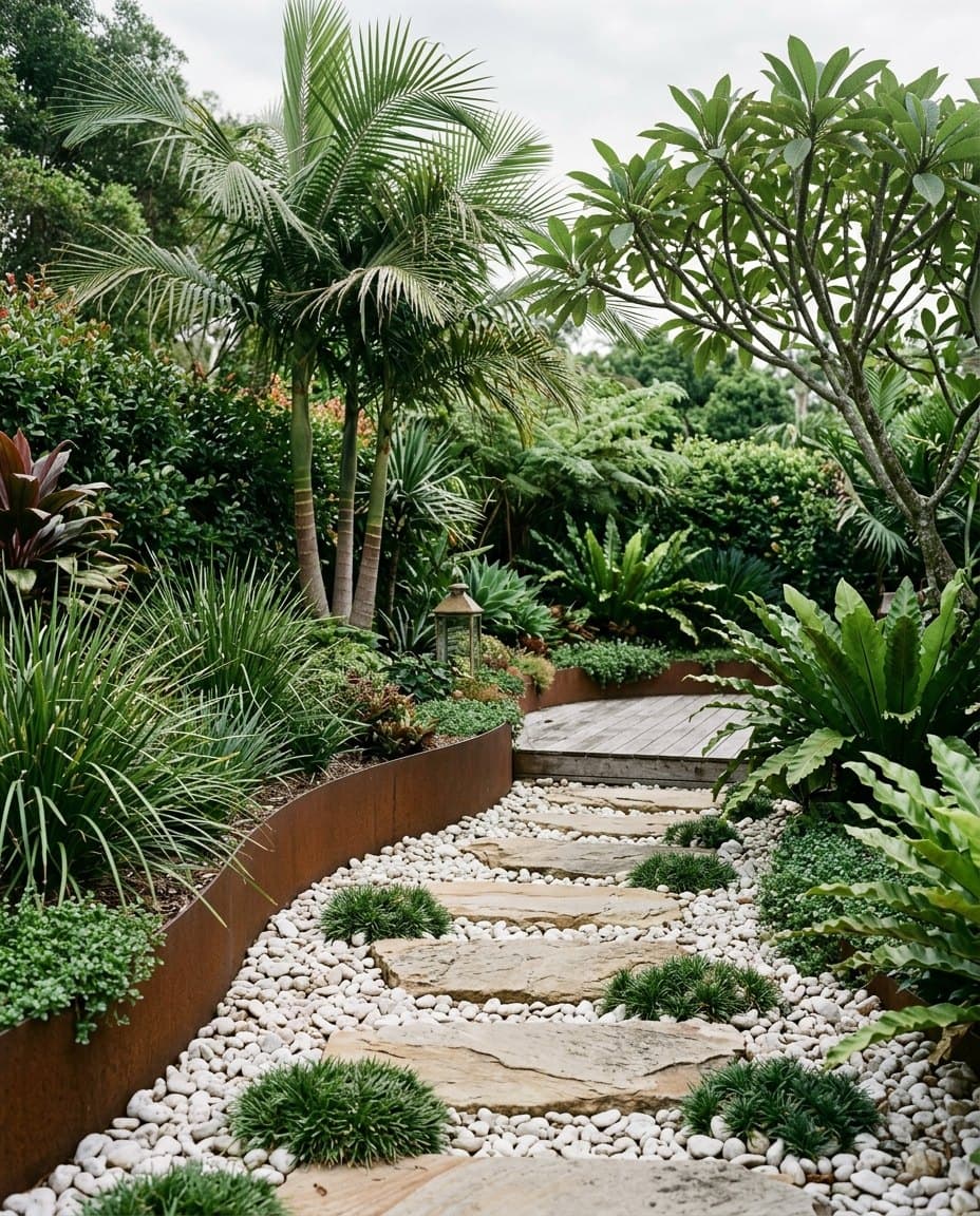 Stone steppers set in white pebble with corten edging through lush layered planting