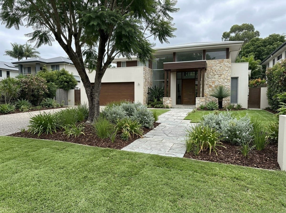 The same Buderim front garden after soft landscaping with layered natives and new lawn