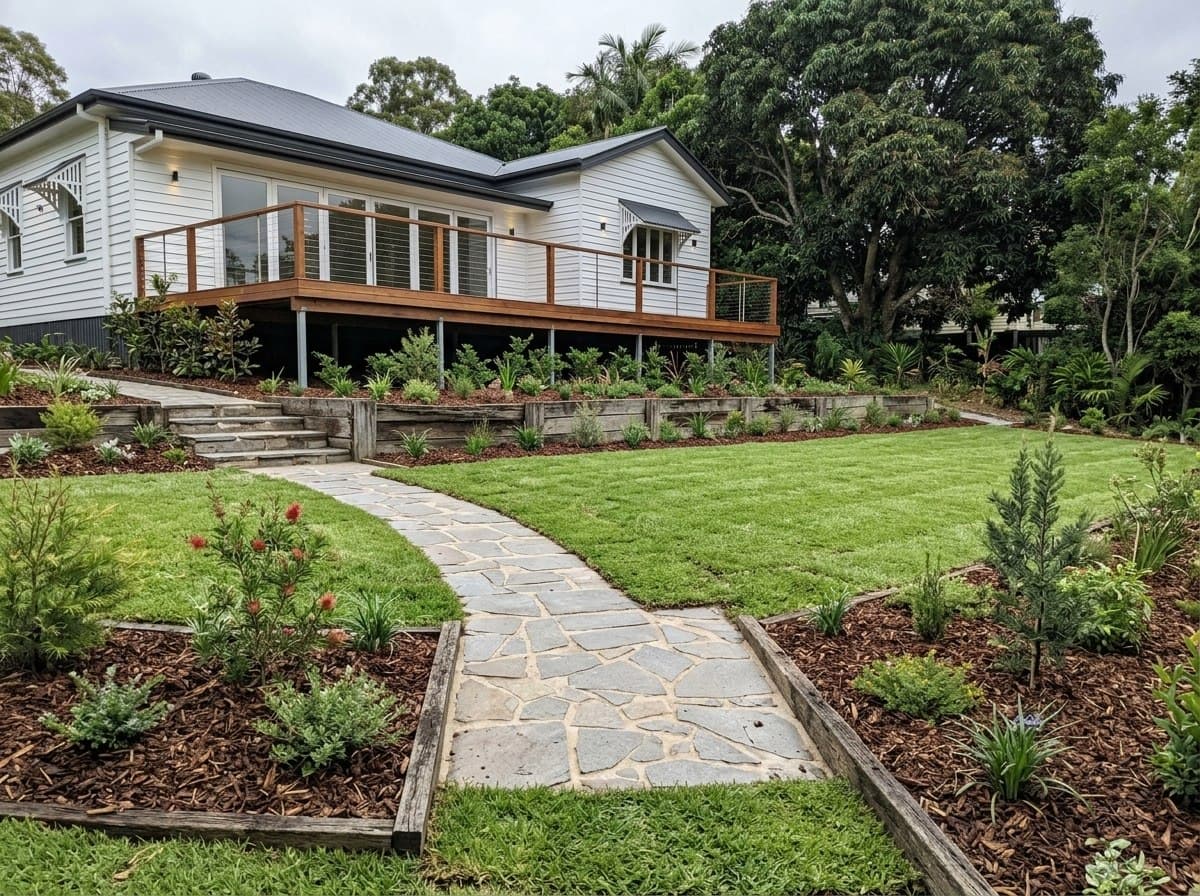 The same Nambour backyard with new lawn and replanted fence line beds